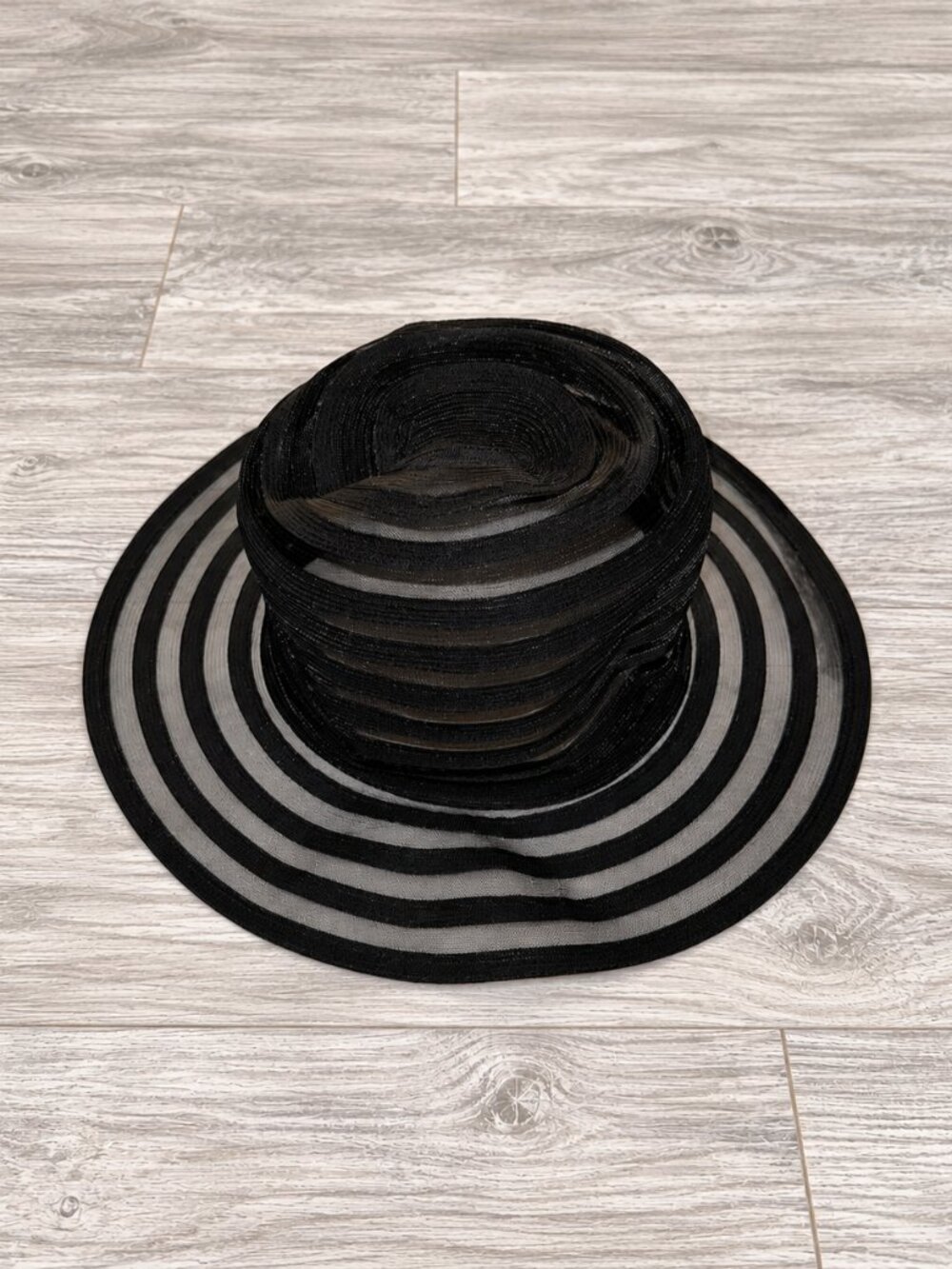 JJB Benson Black Sheer Mesh Striped Wide Brim Statement Hat
